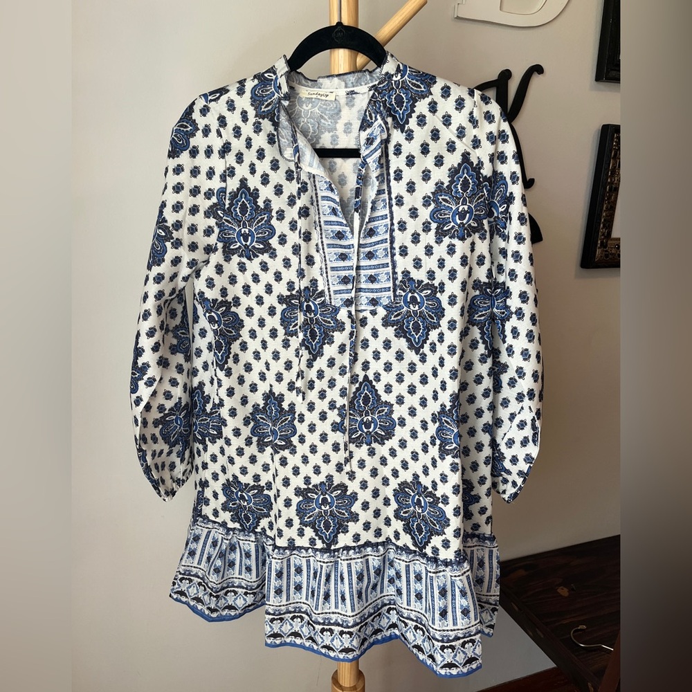 SundayUp Anthropologie Peasant Dress Flutter Sleeve Blue Women’s Size Small
